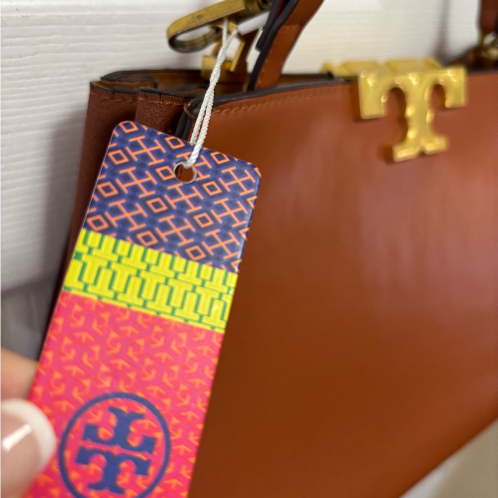 Tory Burch Eleanor Large Satchel Camel Italian Leather w Suede Gussets BNWT - Picture 5 of 16